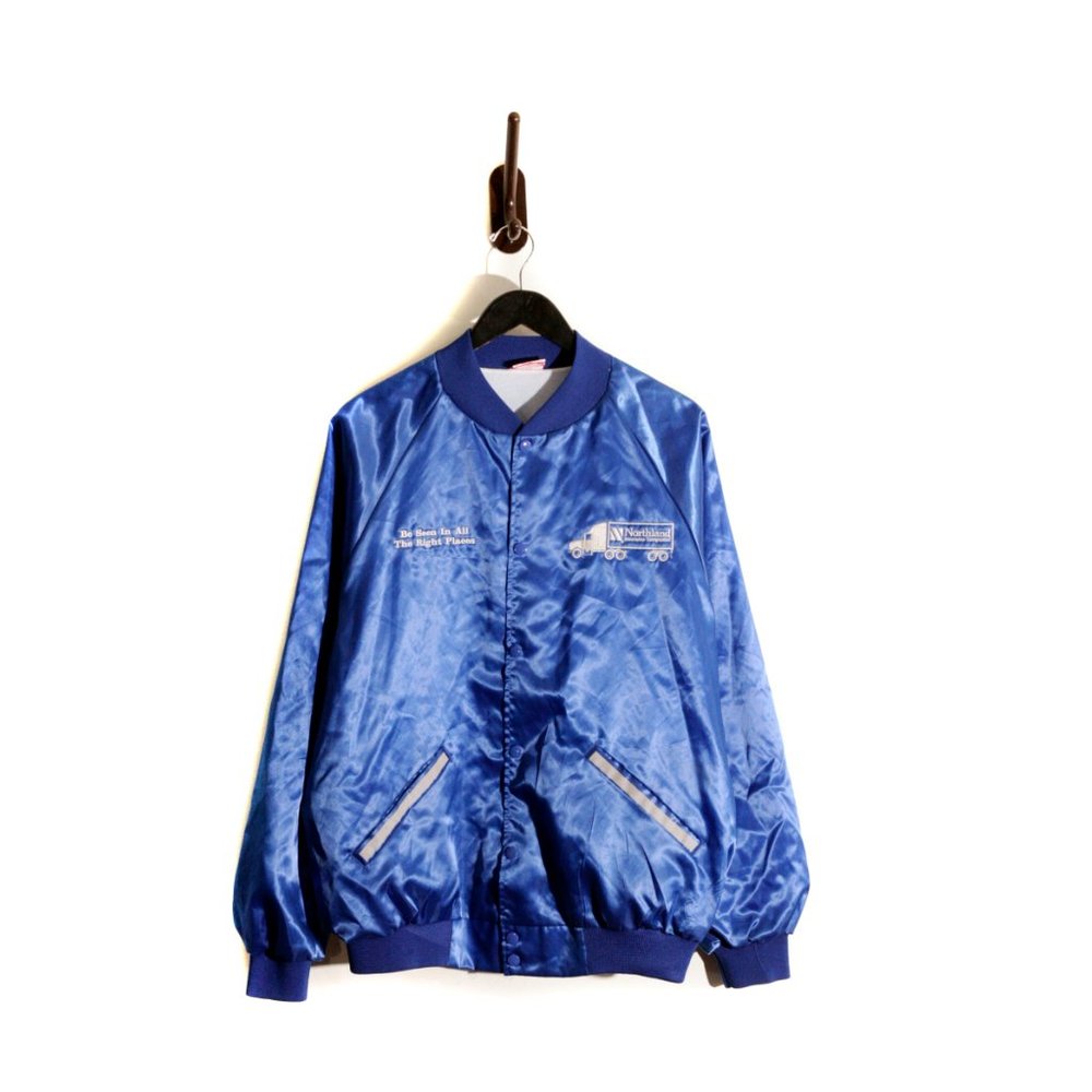 Vintage 80s Trucker Satin Bomber Style Jacket Snap Cardinal USA Reflective Blue - Picture 2 of 10